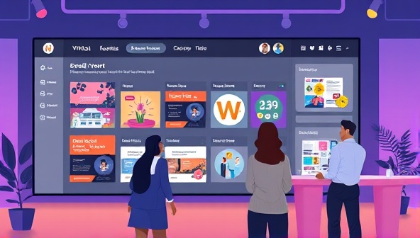 An engaging digital illustration of a virtual event planning dashboard displaying event layouts, vendor options, and interactive features, with event planners collaborating on a virtual event project, highlighting the convenience and efficiency of virtual event planning.