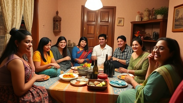 An inviting and cozy homestay environment with a diverse group of guests and hosts engaging in cultural activities like cooking traditional dishes, learning local dances, and sharing stories, reflecting the warmth and richness of the cultural exchange experience.