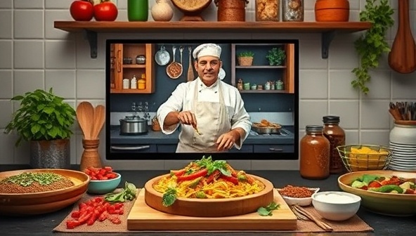 An enticing image of a virtual cooking class setup with a chef cooking a traditional dish on-screen, surrounded by ingredients, spices, and kitchen utensils, creating a vibrant and educational culinary experience.
