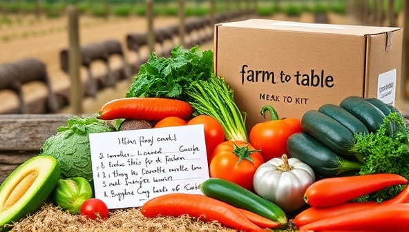 An image of colorful, fresh vegetables arranged in a rustic farm setting, with a handwritten recipe card and a branded meal kit box in the background, evoking a sense of freshness and farm-to-table authenticity.