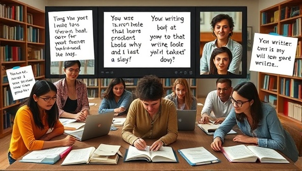 An online workshop setting with a diverse group of participants engaged in a virtual writing session, with digital notepads, inspirational quotes, and a virtual library backdrop, fostering a sense of creativity and community among writers.