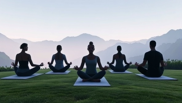 A serene digital landscape featuring a virtual yoga session with participants meditating in peaceful poses, surrounded by soft lighting and calming nature sounds, creating a tranquil and immersive retreat experience.