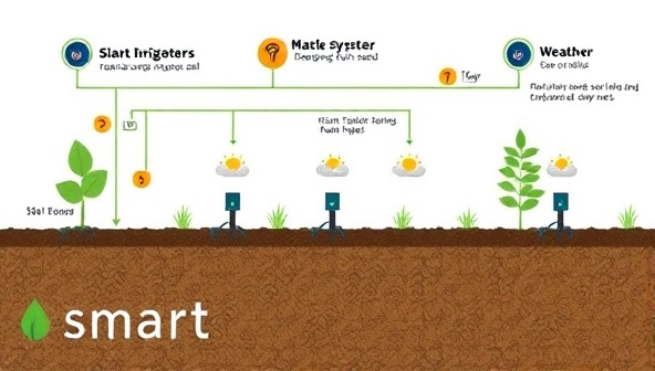 A visual depiction of a smart irrigation system in action, showing sensors monitoring soil moisture levels, weather conditions, and plant hydration needs, with automated sprinklers adjusting their spray patterns accordingly, creating an efficient and eco-friendly watering solution for agriculture and landscaping.