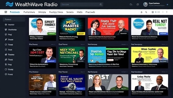 An artistic representation of a digital radio network dashboard with various podcast show titles, host names, and episode thumbnails, creating a vibrant and engaging platform for listeners to explore financial topics on WealthWave Radio.