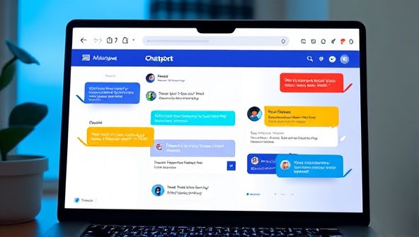 An engaging visual representation of a chatbot interface on a website screen, with colorful dialogue bubbles and interactive features, demonstrating the seamless integration of AI assistance and user support in web design.