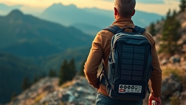 An image of a hiker on a mountain trail, wearing the Solar-Powered Energy Backpack, with the solar panels visibly charging a smartphone, capturing the essence of sustainable adventure and modern technology.