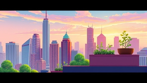 An artistic illustration showing a vibrant city skyline with small rooftop gardens flourishing, symbolizing the concept of urban gardening in a modern setting.