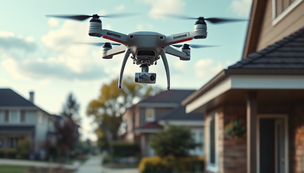 An innovative image of a drone hovering above a suburban neighborhood, lowering a package to a customer's doorstep with precision and speed, showcasing the futuristic and efficient nature of AeroHitch drone deliveries.