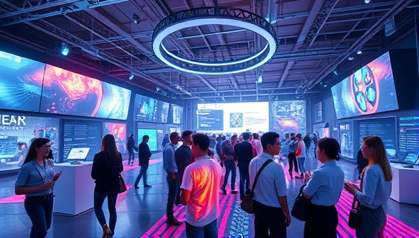 A futuristic virtual event setting with attendees represented by avatars interacting in a dynamic virtual environment filled with digital displays and interactive elements, showcasing the platform's immersive experience.