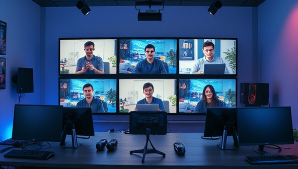 An engaging visual of a team of game testers collaborating remotely, each with their gaming setups and devices, testing unreleased games and sharing feedback in a virtual meeting environment, highlighting the professionalism and expertise of PlayTest Pro's remote game testing services.