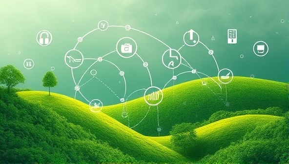An illustrative image of a lush green landscape with interconnected digital elements and sustainable symbols, representing the harmonious blend of nature and technology in the eco-friendly web design solutions offered by EcoDesignScape.