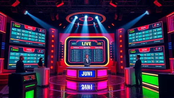 An engaging virtual game show set with bright lights, a host interacting with contestants, and a digital betting interface displayed on screens, showcasing the dynamic and interactive nature of the live game show betting platform.