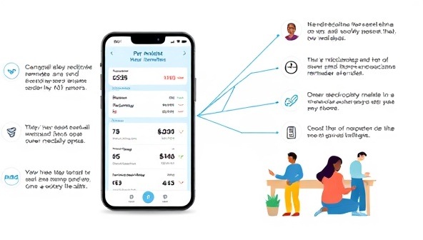 An interactive digital illustration demonstrating the MediMate AI app interface on a smartphone, showing personalized medication reminders, adherence statistics, and motivational messages, with a diverse group of users engaging with the app features, promoting medication compliance and health improvement through AI technology.