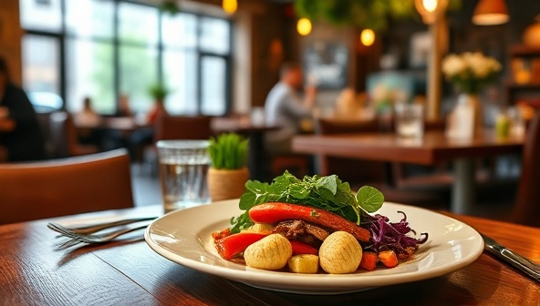 A cozy and inviting urban dining scene at City Harvest Bistro, featuring a beautifully plated farm-to-table dish with fresh ingredients sourced from local urban farms, evoking a sense of sustainability, community, and culinary excellence in an urban setting.