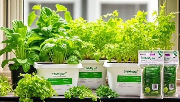 An artistic arrangement of hydroponic herb gardening kits displayed against a backdrop of lush, thriving herbs growing indoors, illustrating the convenience and beauty of HerbHydro Kits for sustainable herb cultivation.