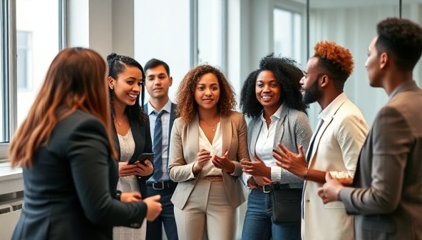 A diverse group of professionals engaging in a lively discussion in a corporate training setting, symbolizing inclusivity, collaboration, and the transformative impact of diversity and inclusion training for corporate teams.