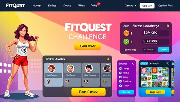 An exciting and colorful gamification interface showcasing fitness avatars, challenge leaderboards, virtual rewards, and interactive workout games, inviting users to join the FitQuest Challenge platform for a fun and rewarding fitness experience.