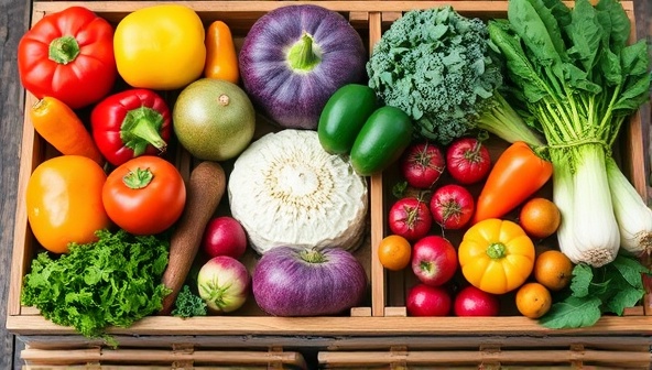 A colorful array of fresh vegetables and fruits arranged neatly in a rustic wooden crate, showcasing the vibrant and organic produce that customers can expect in their Fresh Harvest Kits.