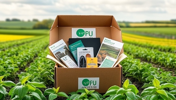 An enticing image of a beautifully designed subscription box bursting with agri-tech gadgets, seeds packets, and educational materials, surrounded by lush greenery and a backdrop of farmland, conveying excitement and innovation in agriculture.
