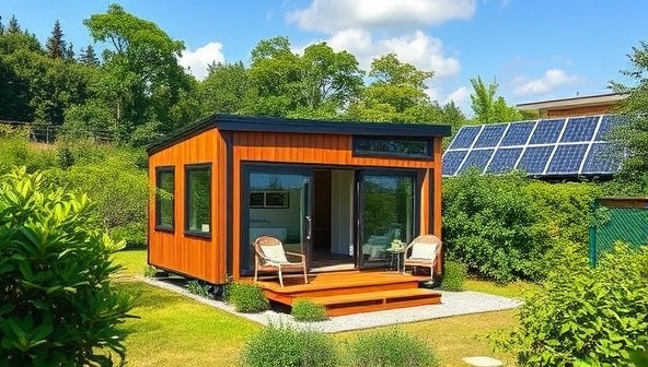 A picturesque setting with a modular tiny home surrounded by lush greenery and solar panels, showcasing the compact and eco-friendly design of the living space with large windows, outdoor deck, and sustainable features, symbolizing modern sustainable living in nature.