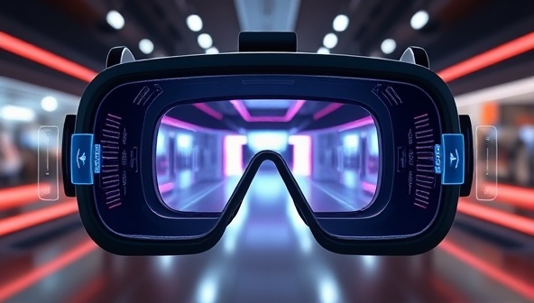 An immersive VR headset displaying a futuristic website tour experience, with digital overlays showing interactive navigation controls and 360-degree views of virtual spaces, illustrating the innovative VR website tour services provided by the business.