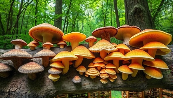 An enchanting forest scene with a variety of exotic mushrooms growing on natural logs and substrates, showcasing the beauty and diversity of mushrooms cultivated by MycoHarvest Co., set against a backdrop of lush greenery and dappled sunlight.