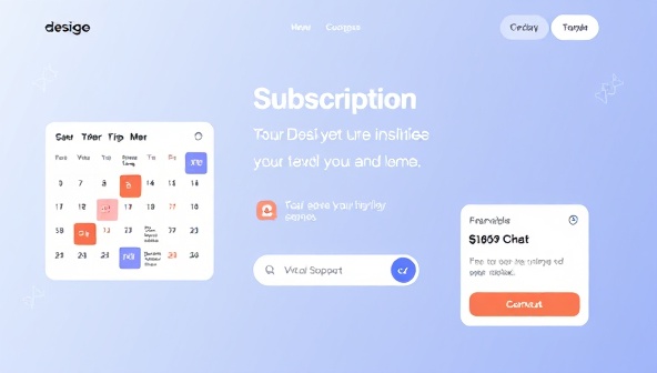 An innovative subscription-themed website layout concept featuring a monthly calendar with design tips, a progress tracker, and a virtual support chat, symbolizing the continuous and personalized design guidance provided through the service.