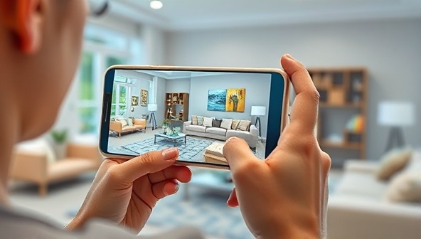 An artistic representation of a virtual AR shopping experience, with a customer using a smartphone to visualize furniture items in their living room through augmented reality, highlighting the interactive and engaging nature of ARtistic Shopping's services.