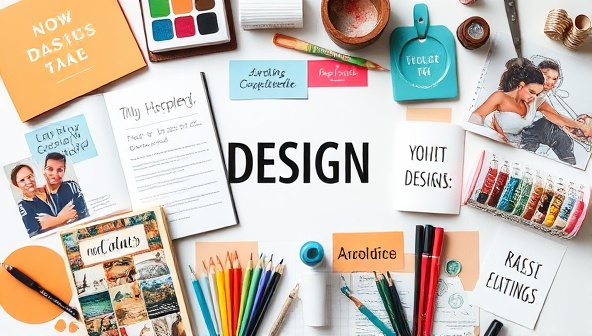 An assortment of design-inspired items like books, sketches, color swatches, and creative tools arranged in a visually appealing flat lay, surrounded by vibrant imagery and inspirational quotes, evoking a sense of creativity and artistic exploration.