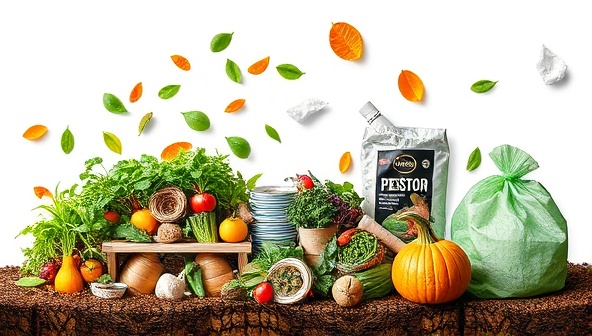 An artistic representation of agricultural waste transformation into compost and biodegradable packaging, with colorful images of recycled materials turning into new products, highlighting the eco-friendly and sustainable nature of the upcycling business.