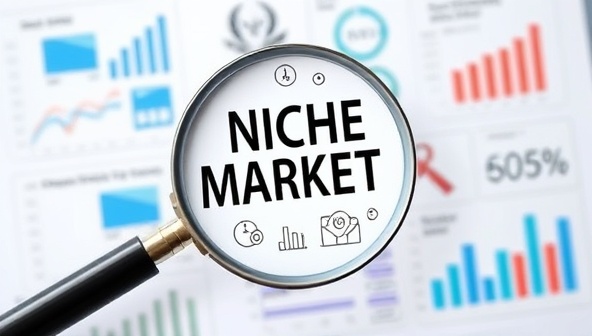 A magnifying glass focusing on a specific niche market segment, surrounded by data charts and industry-specific symbols, representing the specialized and insightful nature of the niche market research services.