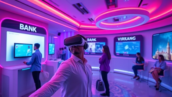 An immersive VR scene of a user navigating through the VR Bank Oasis platform, interacting with virtual tellers, exploring digital banking services, and attending a virtual financial seminar in a futuristic VR environment, highlighting the seamless integration of technology and banking services in a visually captivating setting.