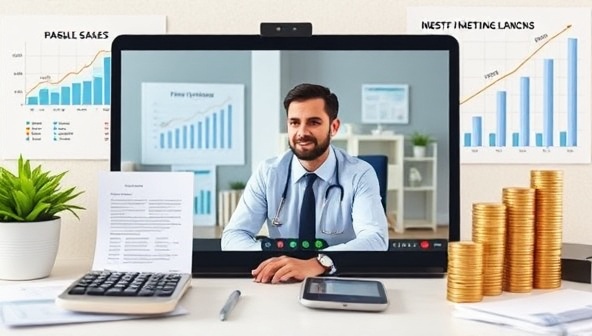 A virtual financial planning session scene with a consultant discussing investment portfolios and retirement plans with a client through a video call, surrounded by financial charts, calculators, and growth projections, symbolizing wealth management and financial security.