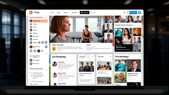 An engaging visual of FitLinxCommunity's social networking platform interface featuring user profiles, fitness group discussions, live workout streams, and virtual event calendars, showcasing the dynamic and interactive nature of the fitness community hub.