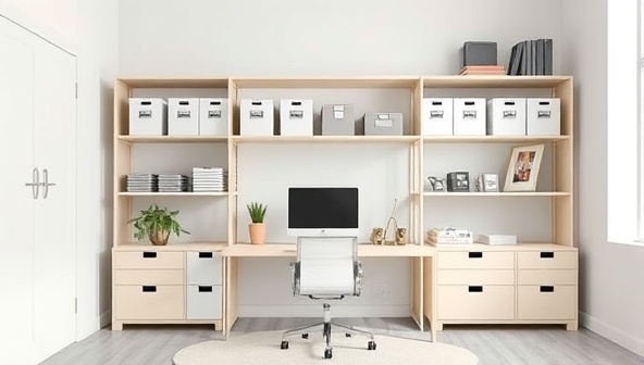A serene and orderly home office setup with neatly arranged shelves, labeled storage bins, and a clutter-free desk adorned with minimalistic decor, conveying a sense of peace and productivity in a well-organized space.