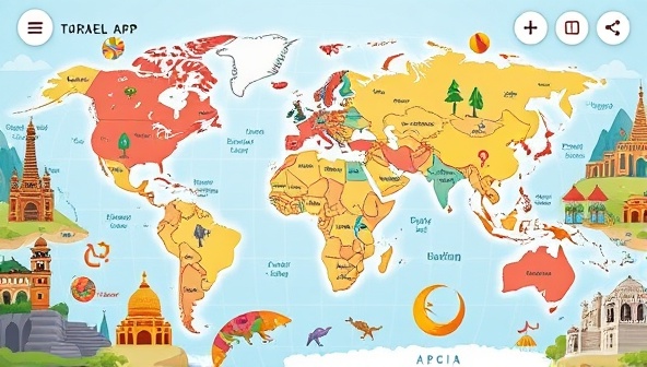 An engaging app interface showing a virtual travel map with language learning challenges, interactive quizzes, and cultural facts, accompanied by vibrant illustrations of global landmarks and cultural symbols, creating a visually stimulating and educational experience for users.
