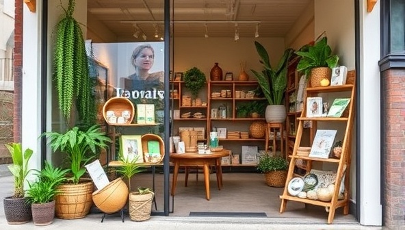 An inviting storefront with earthy tones and sustainable materials on display, featuring personalized gift items and eco-friendly packaging, appealing to environmentally conscious shoppers.
