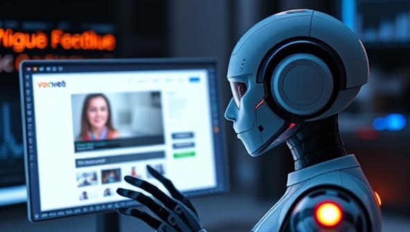 A futuristic digital assistant interacting with a website design interface through voice commands, illustrating the seamless and intuitive experience of creating websites with VoxWeb Creations' voice-activated design service.