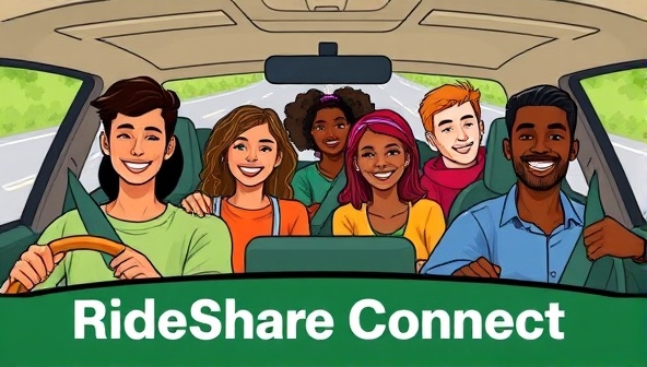 A vibrant and dynamic illustration showing diverse individuals happily sharing a car ride, with a background of traffic-free roads and green landscapes, symbolizing the eco-friendly and community-building aspects of RideShare Connect.
