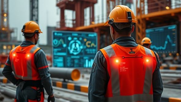 An image showing construction workers on-site wearing futuristic-looking safety gear embedded with sensors, with a central monitoring station displaying real-time data analytics and alerts, highlighting a new era of construction safety.