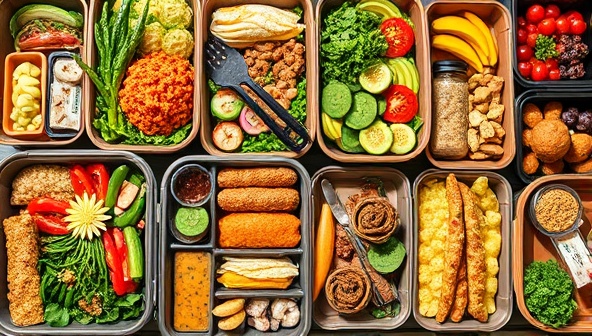 An array of colorful plant-based meals neatly packed in eco-friendly containers, showcasing vibrant salads, hearty vegan entrees, and wholesome snacks, ready for delivery to health-conscious customers seeking convenient and nutritious meal options, promoting a sustainable and delicious dining experience.