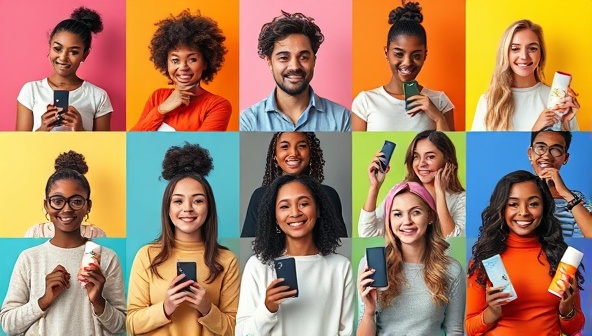 A digital collage of diverse influencers showcasing various products with vibrant backgrounds, symbolizing a dynamic and influential online presence.