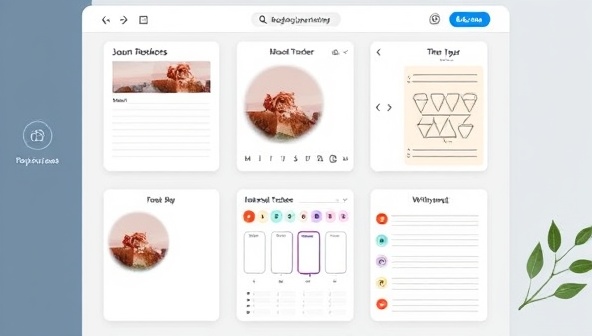 A modern and minimalistic digital interface of the journaling platform showcasing different themed templates, mood trackers, and writing prompts, creating a calming and introspective atmosphere for users.