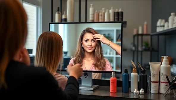 An engaging image of a virtual hairstyling session, featuring a stylist demonstrating hair techniques on a client through a screen, with various hair care products and styling tools displayed in the background, creating a professional and interactive atmosphere.