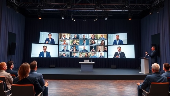 An online event setup with a virtual stage, attendees interacting through video screens, and a host managing the event flow seamlessly, capturing the essence of a professional virtual gathering.
