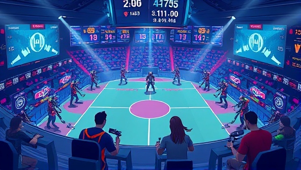 An animated depiction of e-sports teams competing in a virtual arena, surrounded by digital betting interfaces and dynamic odds fluctuations, illustrating the dynamic and interactive nature of eBet Xchange's e-sports betting platform.
