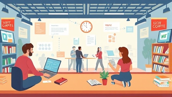 An illustration of a virtual marketplace where writers and clients interact through a digital platform, exchanging ideas and content samples, symbolizing the dynamic and collaborative nature of the online writing marketplace, with a diverse range of writing projects on display.