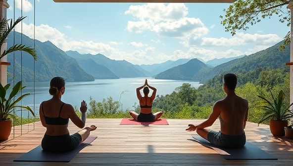 A tranquil virtual wellness retreat setting with participants engaging in a virtual yoga class surrounded by serene natural landscapes and calming music, creating a peaceful and rejuvenating atmosphere reminiscent of a wellness retreat, as offered by Serenity Sojourn.