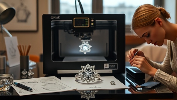 An elegant image of a 3D printer crafting a delicate jewelry piece, surrounded by sparkling gemstones, design sketches, and a jewelry designer adding final touches to a custom piece, capturing the essence of luxury and creativity in personalized jewelry making.