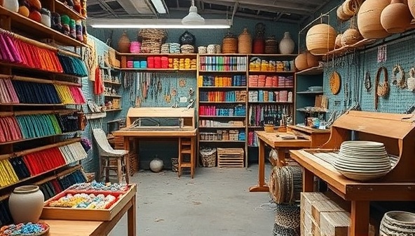 An artisan's workspace filled with colorful spools of yarn, intricate beading tools, pottery kilns, and weaving looms, surrounded by handcrafted jewelry pieces, ceramic vases, and woven textiles, capturing the essence of creativity, craftsmanship, and artistic inspiration in a vibrant and eclectic setting.